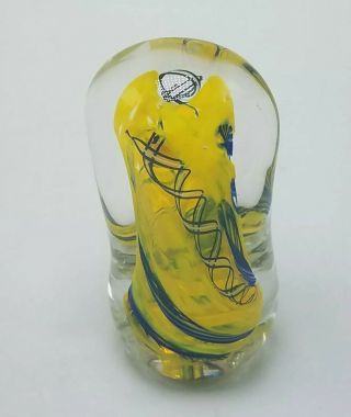 Large Art Glass Paperweight Yellow & Blue Swirl Stunning Large Heavy Signed