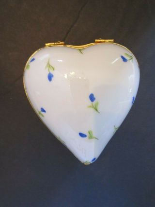 Vtg Limoges France " Decor Main " Hinged Trinket Heart Box Blue Flower Porcelain