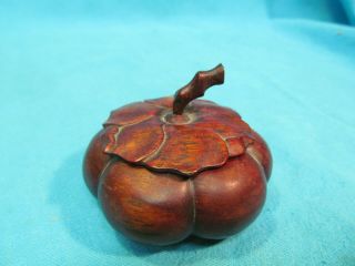 Vintage Carved Wood Trinket Box Gourd With Leaf Stem Top