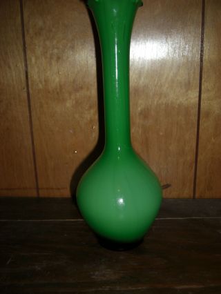 Vintage Green Single Rose Bud Vase Encased White Inside Glass Ruffled Top