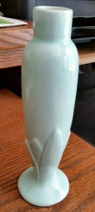 Vintage Pale Green Ceramic Bud Vase - Art Deco - Leaves On Base - Marked L 