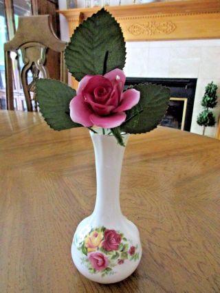 Vintage Royal Park Fine Bone China 6 " Bud Vase W/ Porcelain Flower England