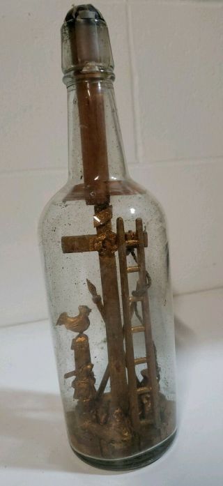 Unique Vintage Crucifix Cross Religious Scene In A Glass Bottle