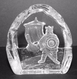 Vintage Nybro Sweden Crystal Art Glass Paperweight Viking Warrior & Ship Signed