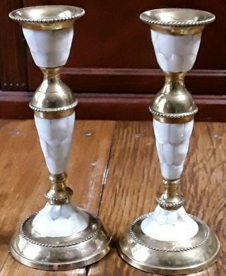 Vintage Solid Brass Candle Sticks With Pearl / Mother Of Pearl - 6 3/4 "