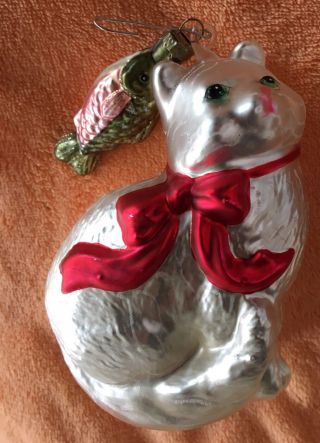 Vtg Blown Glass Top Cap Christmas Ornament Tabby Cat With Green Fish Red Ribbon