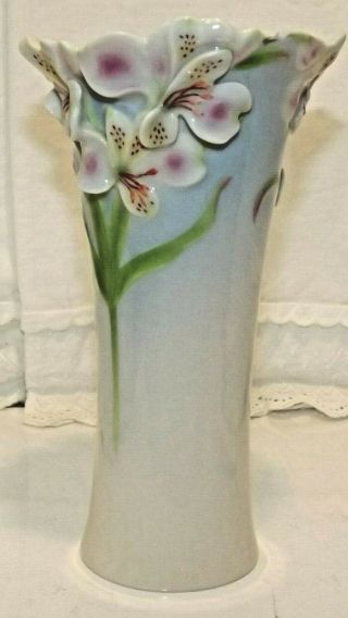 Vintage Franz Porcelain Vase / May Pink & Whte Raised Flower Vase / 6 3/4 "