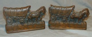 Antique Horse Drawn Covered Wagon Iron Metal Bookends Estate Fresh