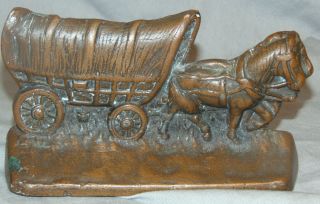 Antique Horse Drawn Covered Wagon Iron Metal Bookends Estate Fresh 2