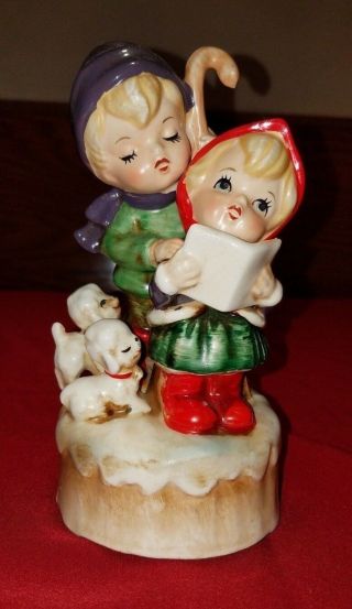 Vintage Christmas Music Box Children Caroling Figurine Plays Silent Night Xmas