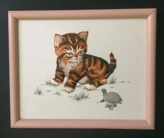 Vtg Framed Puffy 3d Cat Turtle Quilted Picture Pale Pink Frame Kitten Animal Art