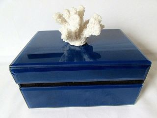 Cobalt Blue Glass Trinket Jewelry Box Sea Theme With White Coral Top 7 "