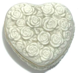 Lenox Embossed Trinket Box Heart Shaped Dish Roses Ivory & Gold
