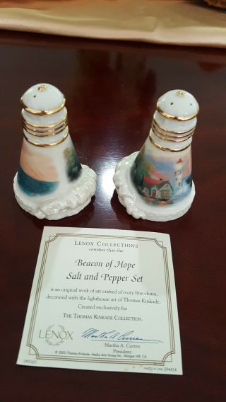 Thomas Kinkade Lenox Lighthouse Beacon Of Hope Salt Pepper Shakers Certificate