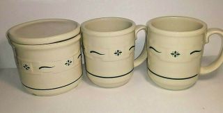 Longaberger Pottery Set 2 Mugs And Crock With Lid Coffee Cups Heritage Green