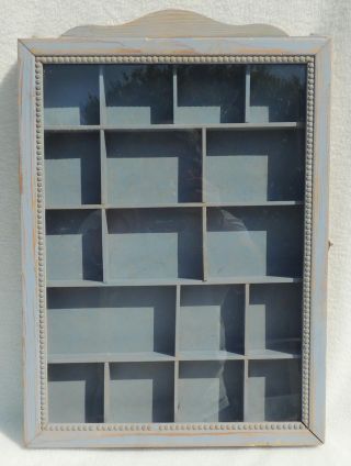 Distressed Blue Wood Hanging Wall Shadow Box Miniature Curio Cabinet Glass Door