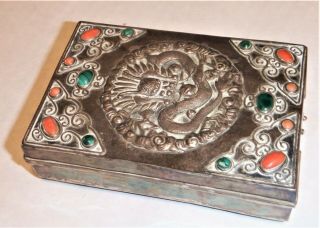 Vintage Metal Trinket Box Made In China - Decorated W Stones & A Repouse Dragon