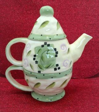 Tea For One Bella Casa Ganz Green Leaf Design Tea Pot Cup Combo 3 Piece T62