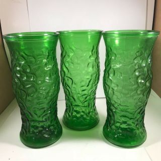 Set Of 3 Vintage Hoosier Green Crinkle Cut Glass Florist Floral Vases 9 - 1/2 "