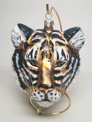 Slavic Treasures Large 4.  5 " Tiger Head Christmas Ornament Blown Glass Poland