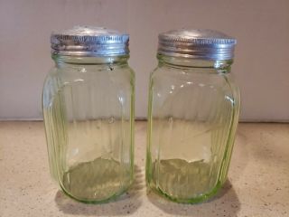 Vintage Green Glass Salt & Pepper Shakers,  W/aluminum Lids.