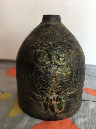 1950s Noguchi Era Mid Century Modern Japanese Cast Iron Owl Vase w Bronze Patina 4