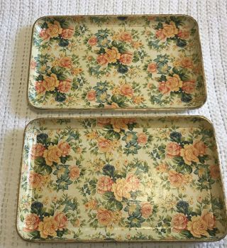 Set Of 2 Vintage Paper Mache Serving Trays Made In Japan.  Floral W/gold Rim