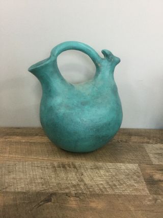 Vintage Tribal Look Teal Clay Water Pitcher Pottery Vase Home Decor 11” Tall
