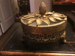 Vintage - Gold Ormolu - Filigree - Round - Satin Glass Insert - Jewelry/trinket/powderbox