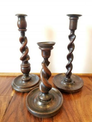 Vintage Twisted Carved Wood Taper Candle Stick Holders Rustic Turned Home Decor