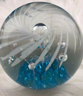 Vintage Art Glass Paperweight With Controlled Bubbles 3.  5 " Blue White Pink