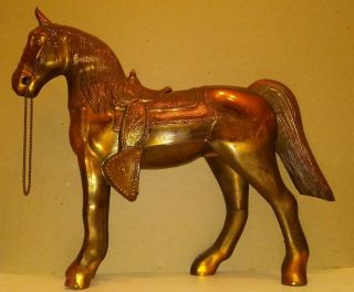 Vintage Saddled Horse Figurine Statue Metal Copper Tone 1950 