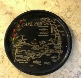 Vintage Souvenir Black Metal Serving Tray 11 Inch Round Cape Cod/cranberries