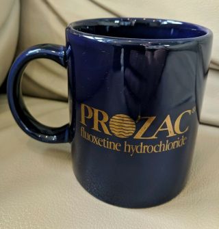 Prozac Coffee Mug Cobalt Blue Gold Lettering