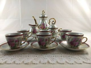 Victorian Style Porcelain Teapot Set Pink Roses Gold Trim Tea Service For 6
