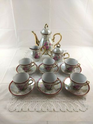 Victorian Style Porcelain Teapot Set Pink Roses Gold Trim Tea Service for 6 2