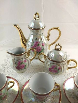 Victorian Style Porcelain Teapot Set Pink Roses Gold Trim Tea Service for 6 3