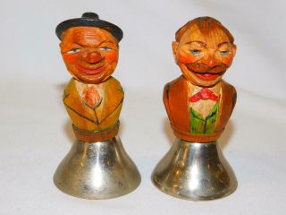 2 Vintage Anri Italian Painted Wood Hand Carved Metal Bells 4 " Happy Men