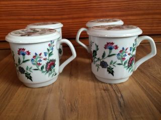 Set Of 4 Vintage Porcelain Floral Mugs With Lids & Box