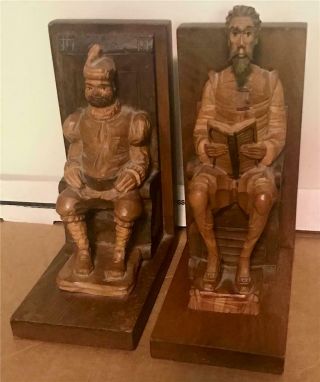 Vintage Don Quixote & Sancho Panza Hand Carved Wood 7 3/4 " T Bookends