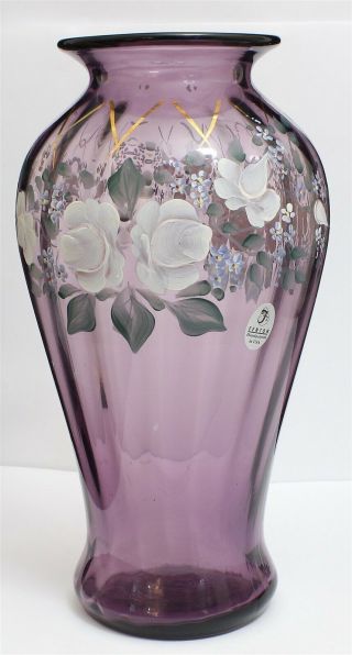 Scott K.  Fenton Hand Painted Charlotte Smith Purple Glass Flowers Vase 9 " Large