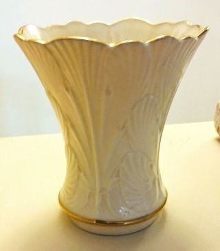 Lenox Vintage Creamy White China Vase With Raised Fan Leaf Design And Gold Trim