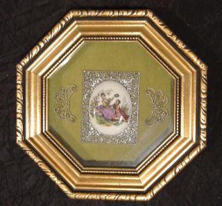 Vintage Octagonal Gold Wood Frame With With Ceramic Medallion Courting Couple