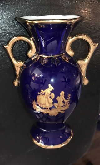 Vintage Porcelaine Limoges Castel France Cobalt Blue,  Gold Small 5.  5” Vase