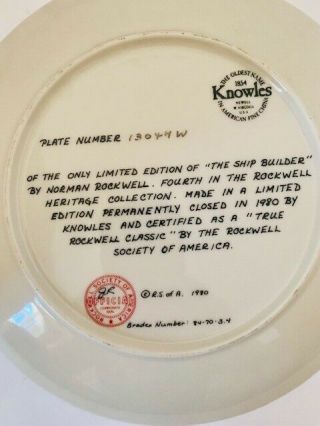 Norman Rockwell Collector Plate THE SHIP BUILDER Vintage Knowles Complete 2