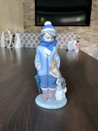 Retired 1983 Lladro 5220 Winter Boy With His Dog Porcelain Figurine