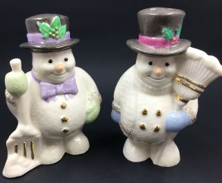 Festive Lenox Snowmen Salt & Pepper Shakers Pastel & Gold Accents