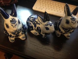 Set Of Three Blue And White Hand Painted Ceramic Bunny Rabbits And