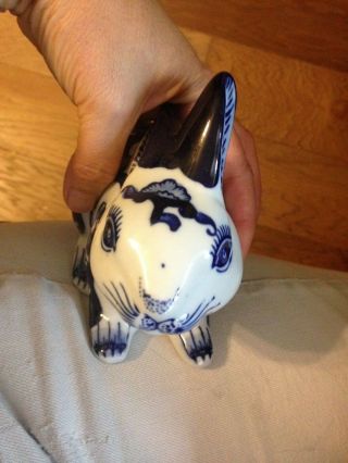 SET OF THREE BLUE AND WHITE HAND PAINTED CERAMIC BUNNY RABBITS AND 8
