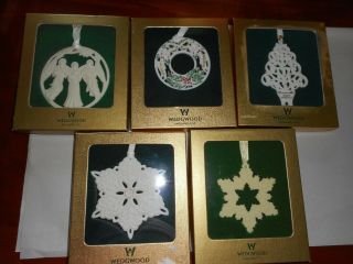 5 Wedgwood White Christmas Ornaments W/boxes - Tree Snowflakes Wreath Angels